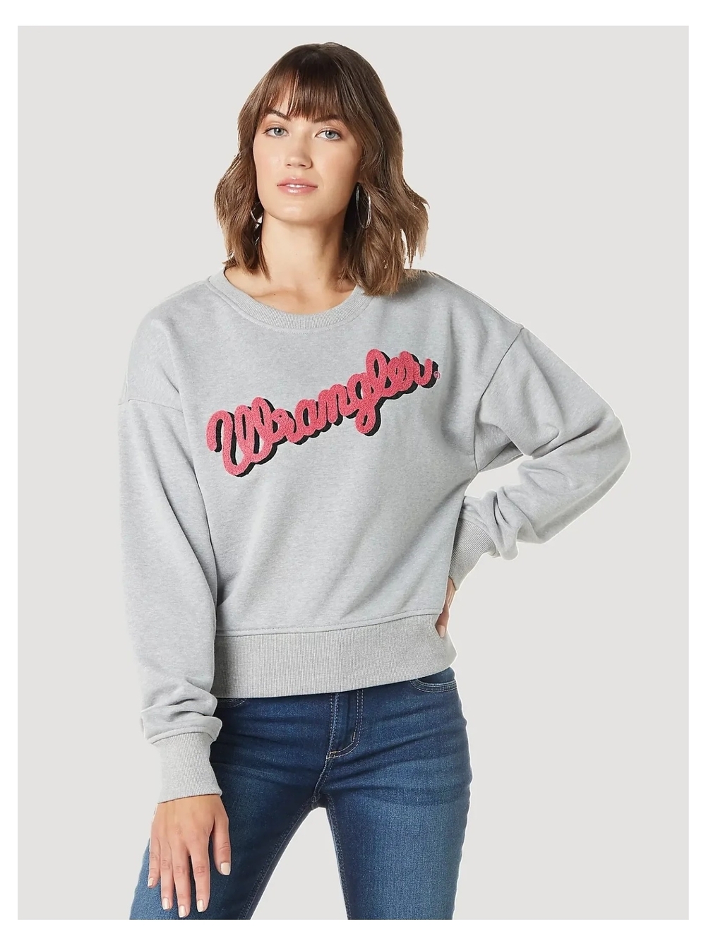Wrangler Women's Gray Crewneck Sweatshirt with Pink Script Logo